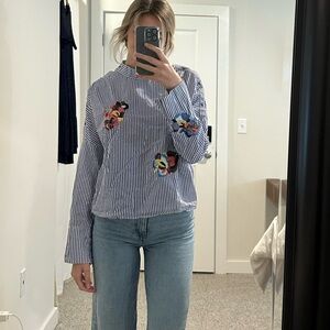 ZARA blue and white striped floral top